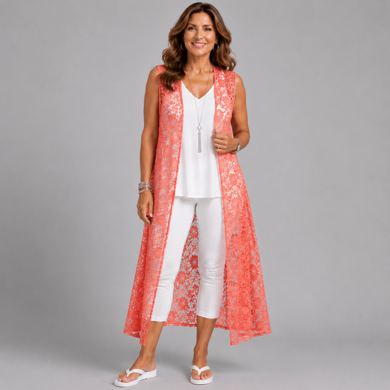 Sleeveless Lace Open Front Duster Jacket - FullFab