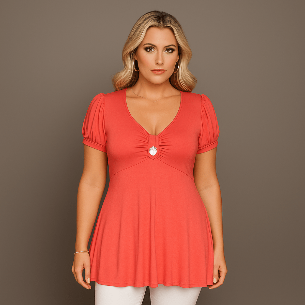Puff Sleeve Button Front Tunic Top - FullFab