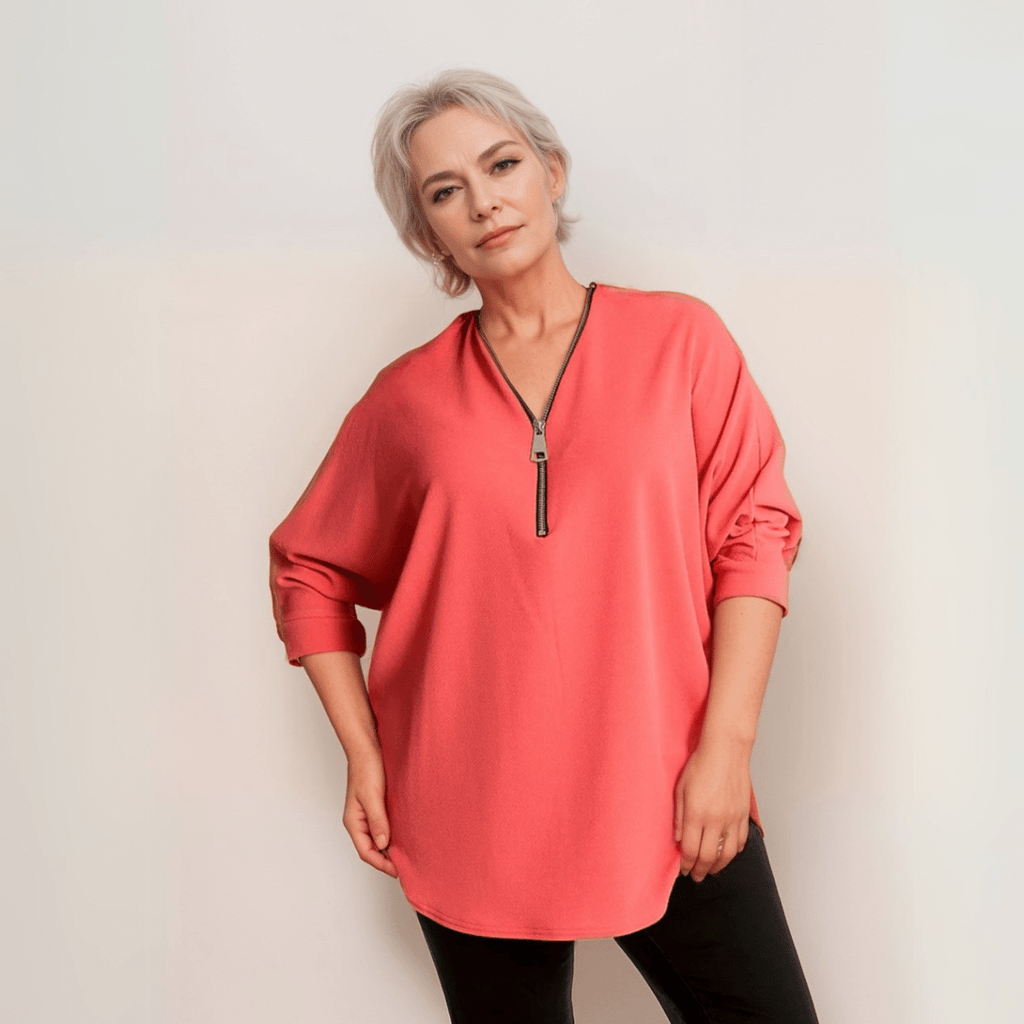DIPPED HEM BATWING BLOUSE WITH ZIP V-NECK - FullFab