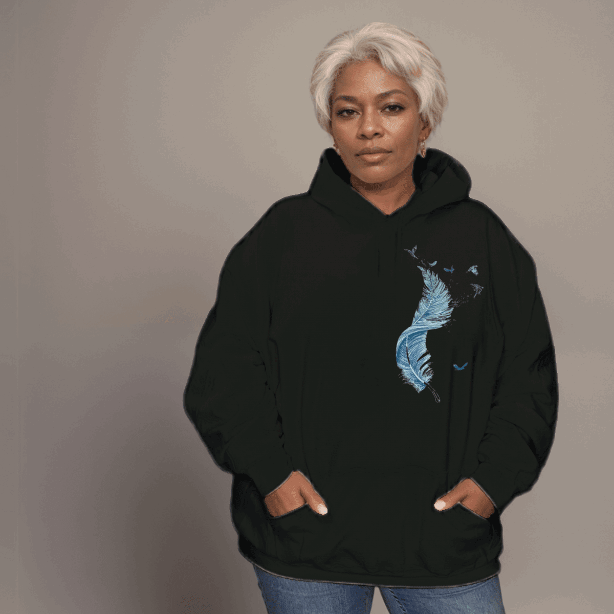 Cotton Hoodie Blue Feather Graphic - FullFab