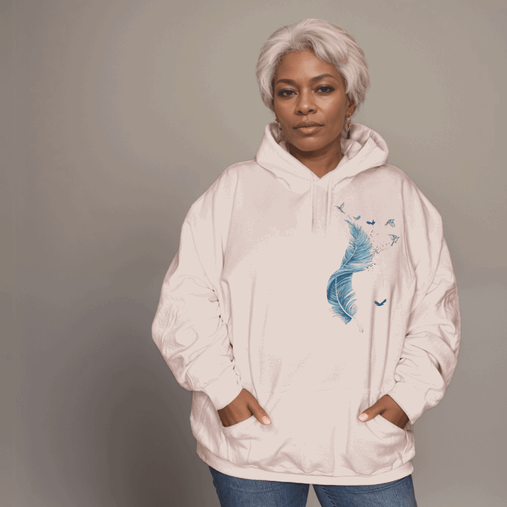 Cotton Hoodie Blue Feather Graphic - FullFab