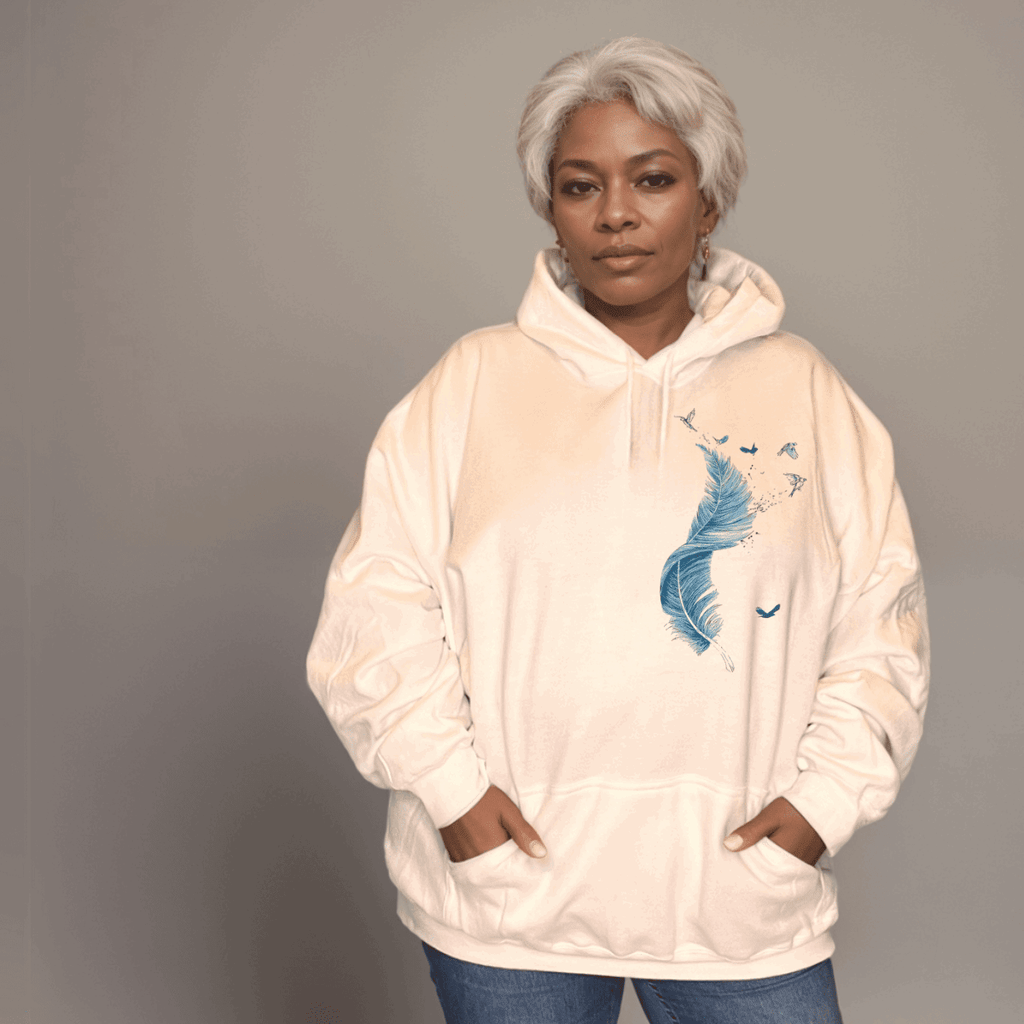 Cotton Hoodie Blue Feather Graphic - FullFab