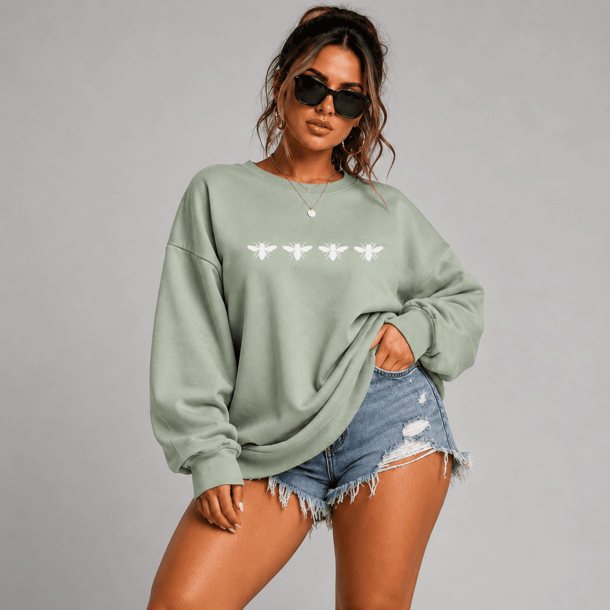 Cotton Sweatshirt with 4 White Bees Detail - FullFab