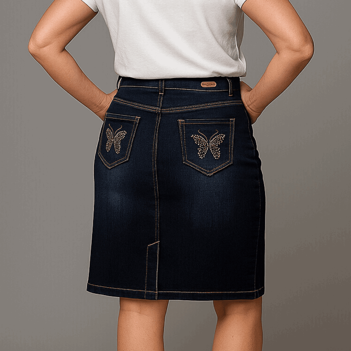 Dark Blue Denim Skirt with Studded Butterfly Pockets - FullFab