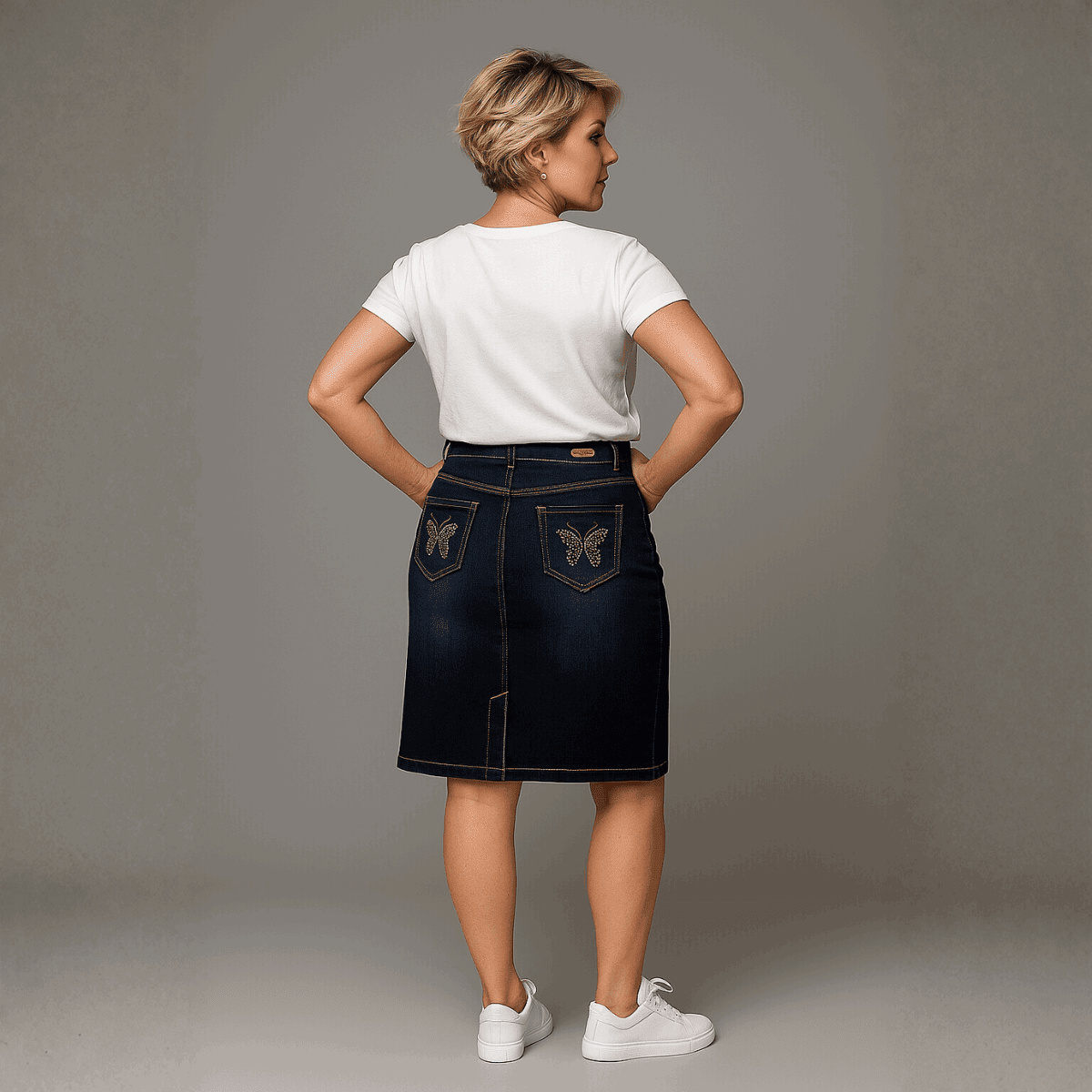 Dark Blue Denim Skirt with Studded Butterfly Pockets - FullFab