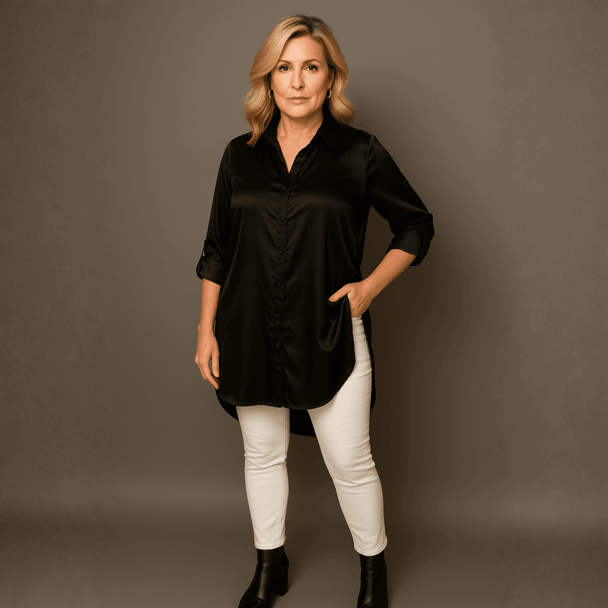 Dipped Hem Satin Shirt with 3/4 button Tab Sleeves - FullFab