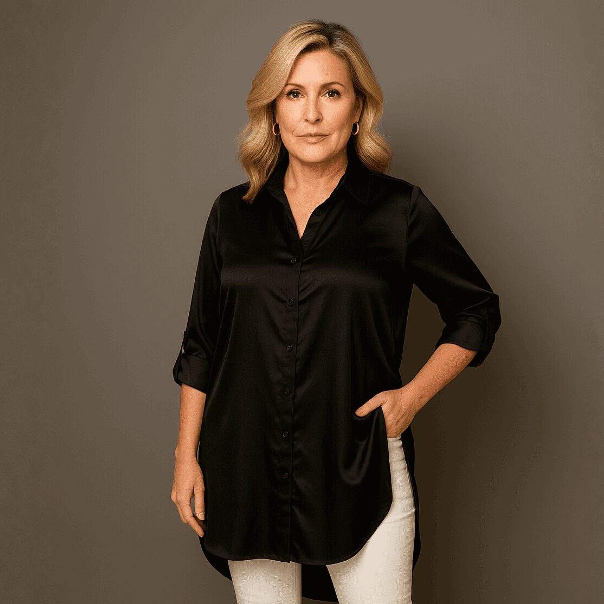 Dipped Hem Satin Shirt with 3/4 button Tab Sleeves - FullFab