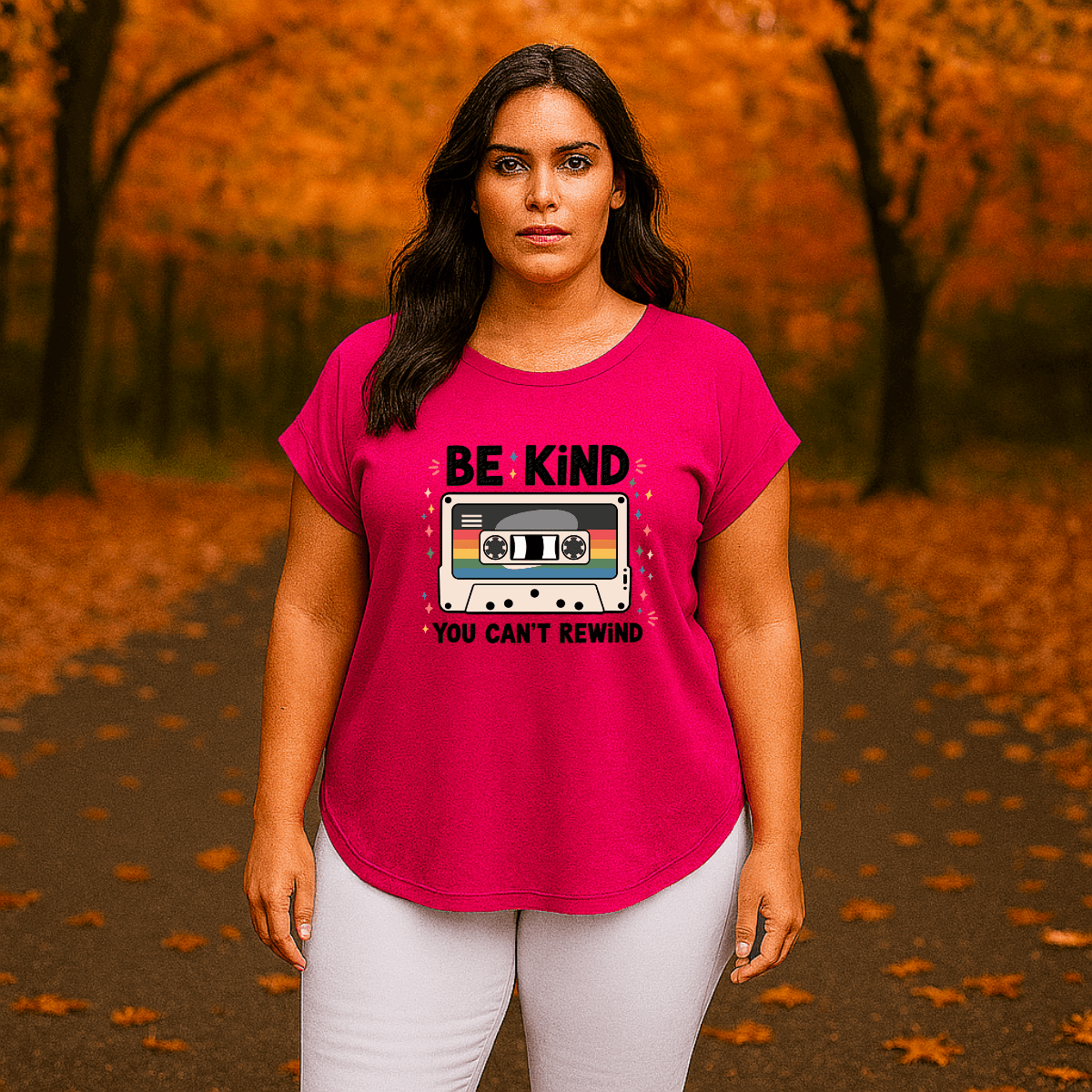 Dipped-Hem T-Shirt with Retro Be Kind Print - FullFab