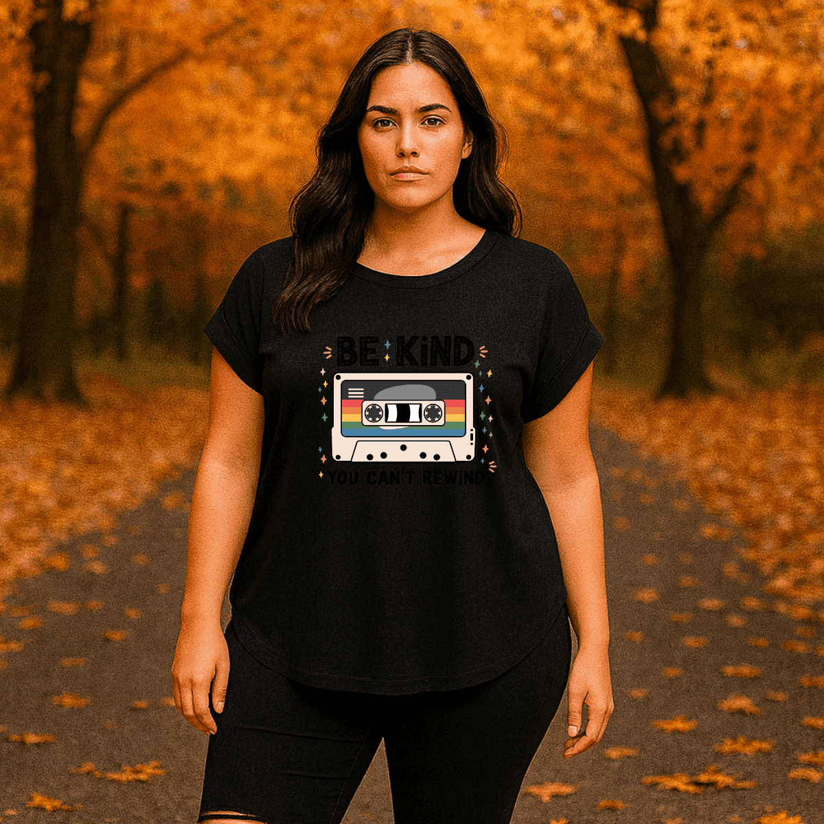 Dipped-Hem T-Shirt with Retro Be Kind Print - FullFab