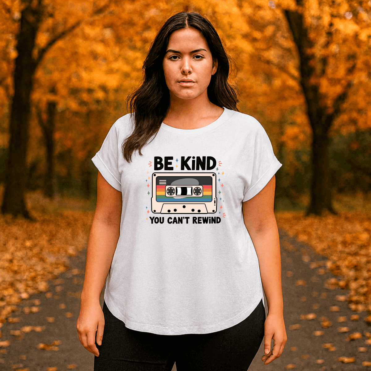Dipped-Hem T-Shirt with Retro Be Kind Print - FullFab