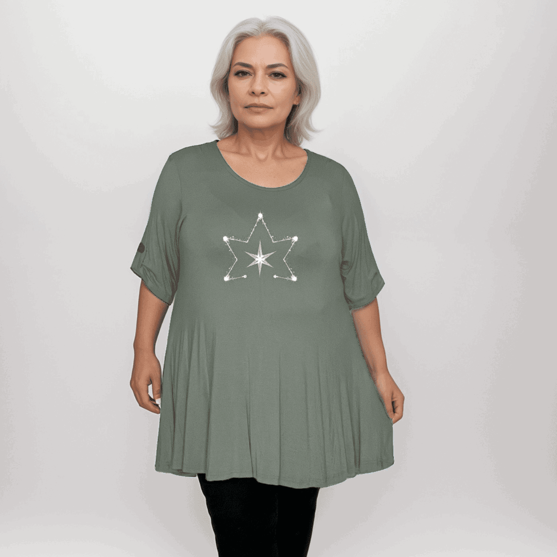 Double Star Plus-Size Button Sleeve Swing Top - FullFab