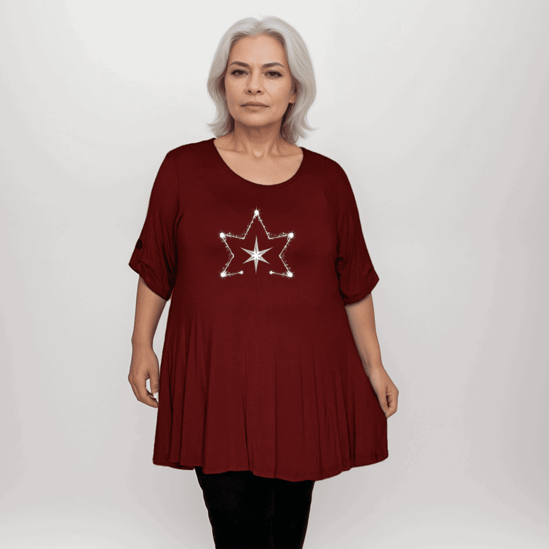 Double Star Plus-Size Button Sleeve Swing Top - FullFab