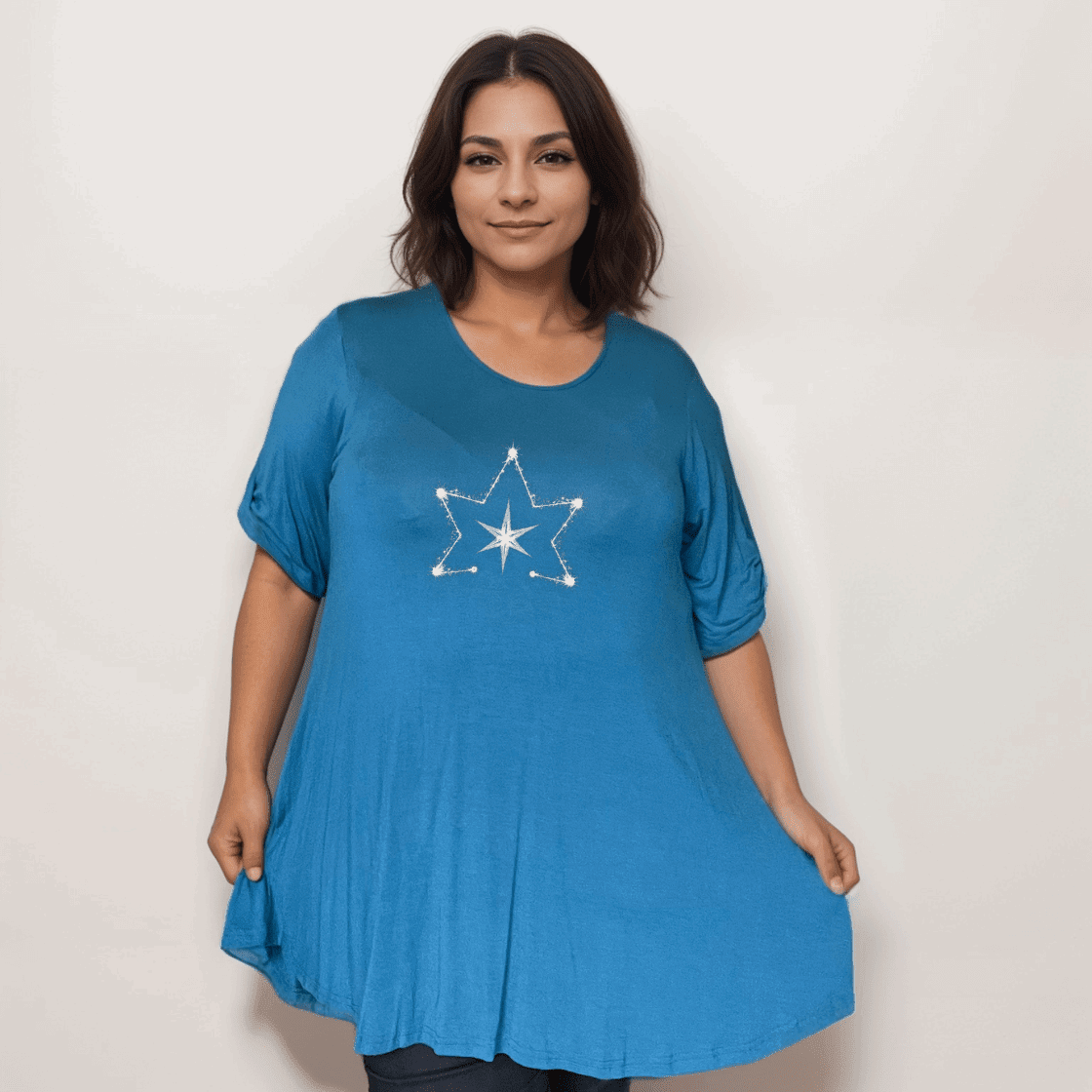 Double Star Plus-Size Button Sleeve Swing Top - FullFab