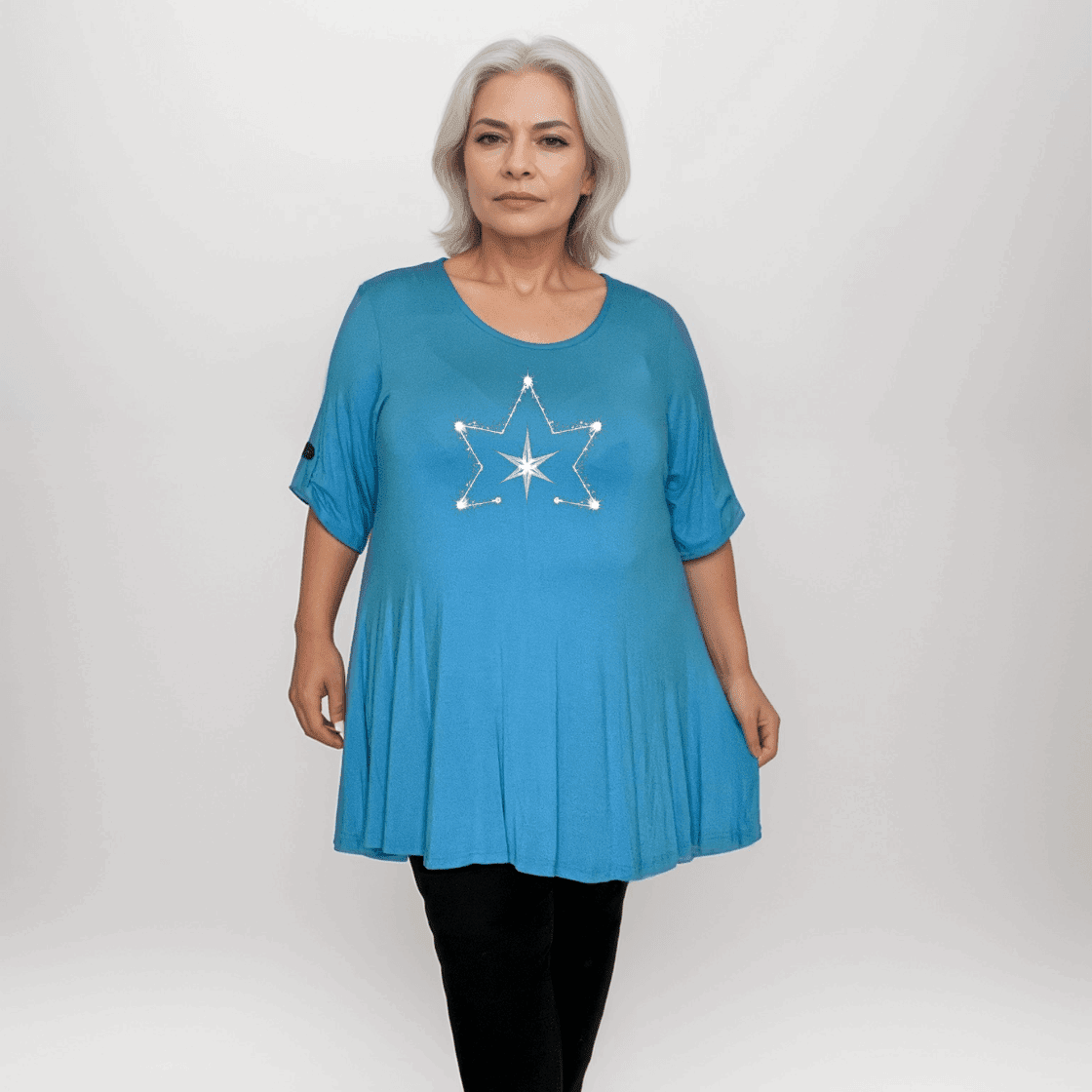 Double Star Plus-Size Button Sleeve Swing Top - FullFab