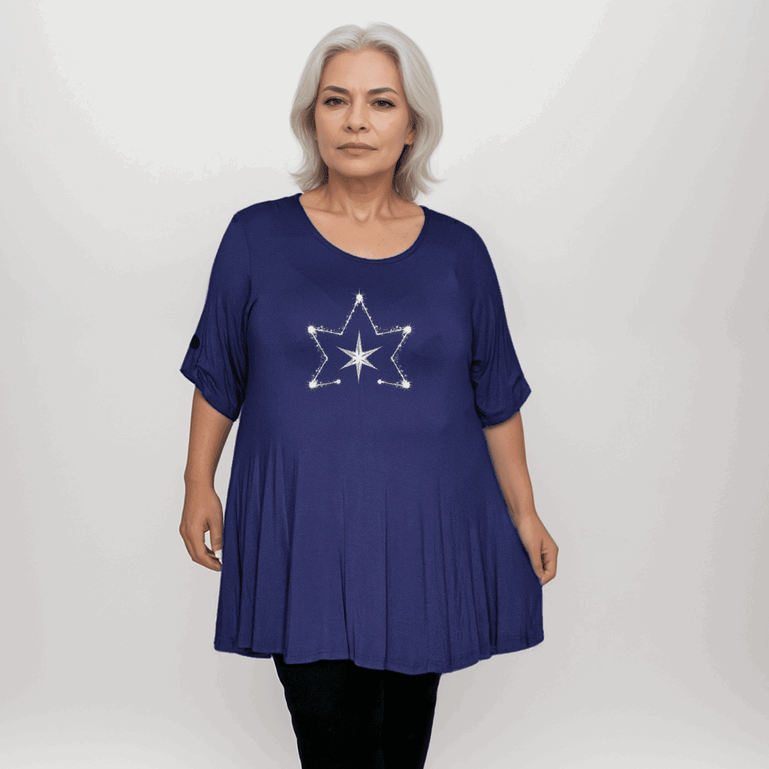 Double Star Plus-Size Button Sleeve Swing Top - FullFab