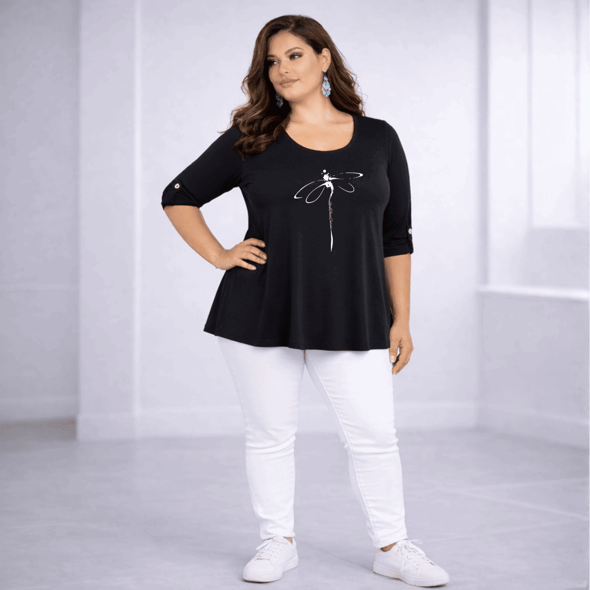 Dragonfly Button Sleeve Swing Top - FullFab