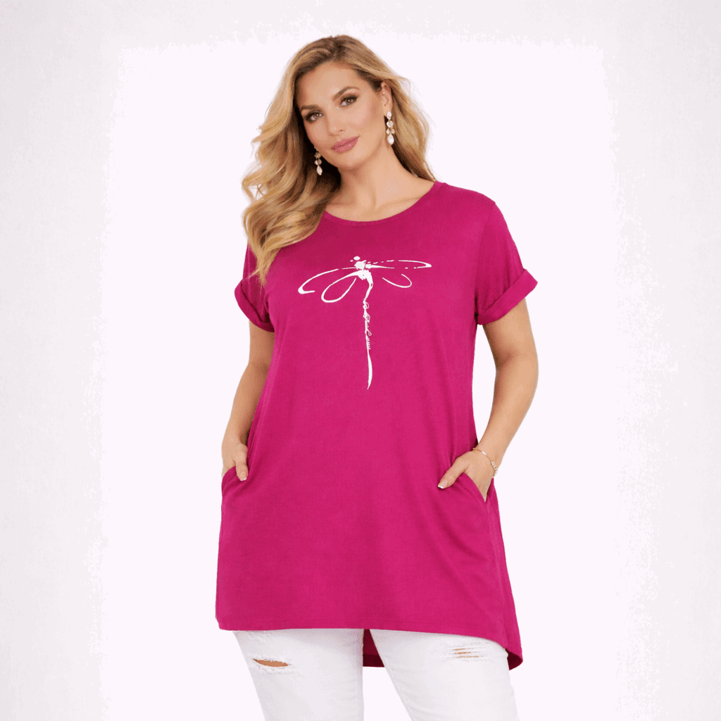 Dragonfly Long Dipped Hem T-Shirt with Pockets - FullFab