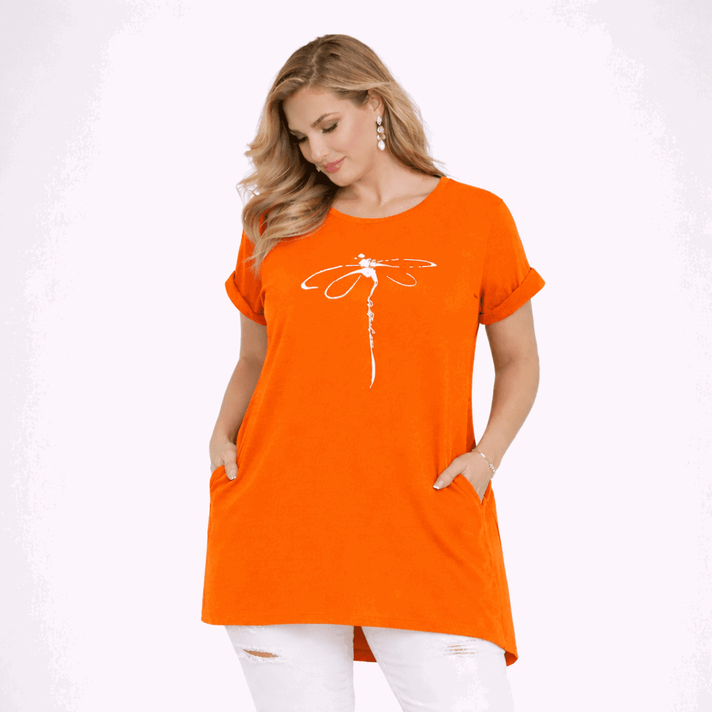 Dragonfly Long Dipped Hem T-Shirt with Pockets - FullFab