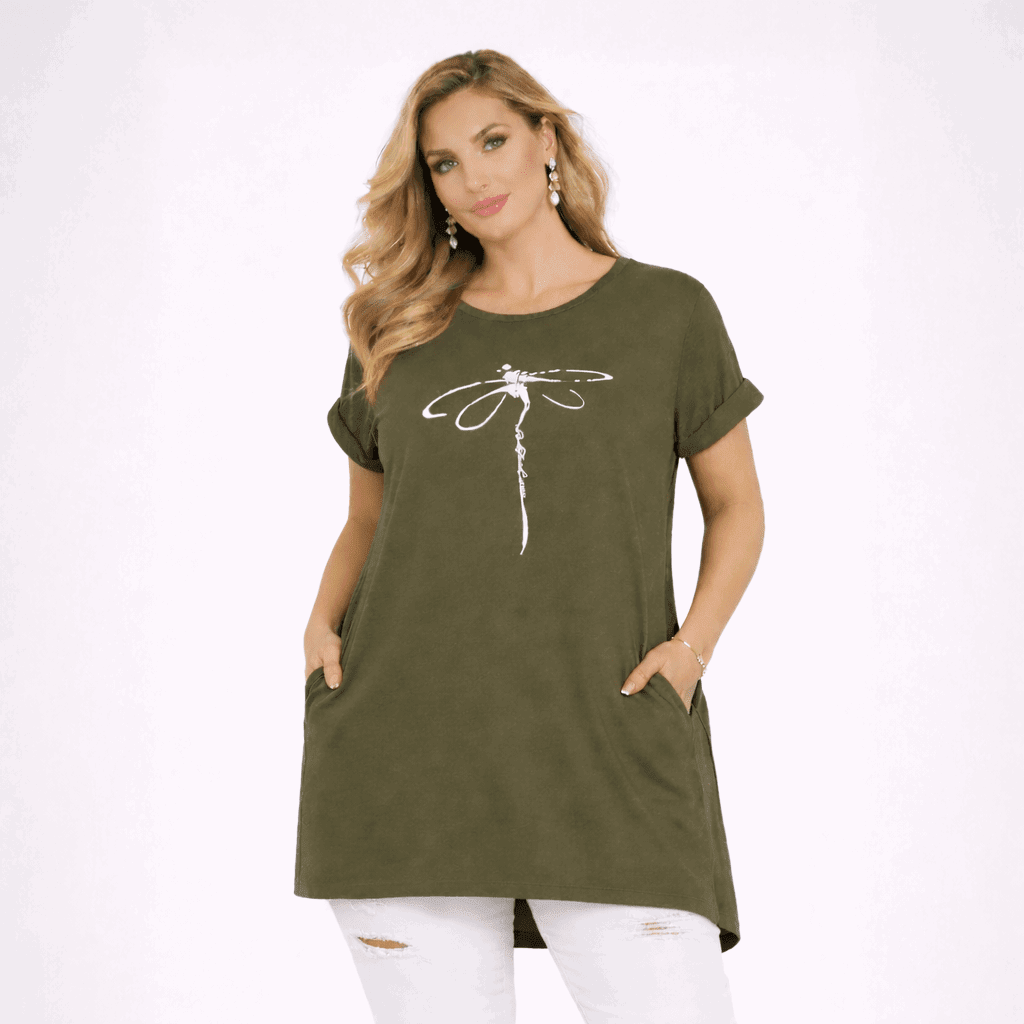 Dragonfly Long Dipped Hem T-Shirt with Pockets - FullFab