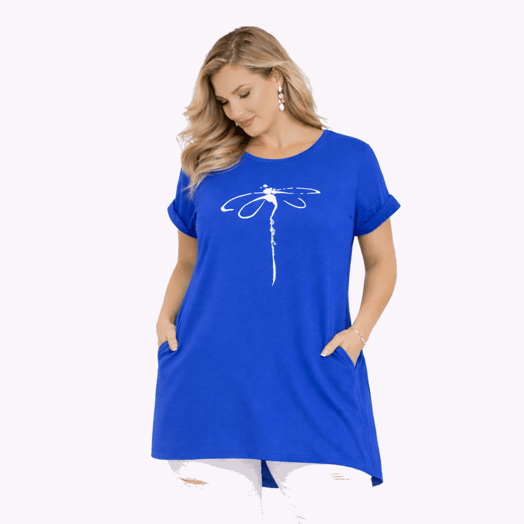 Dragonfly Long Dipped Hem T-Shirt with Pockets - FullFab