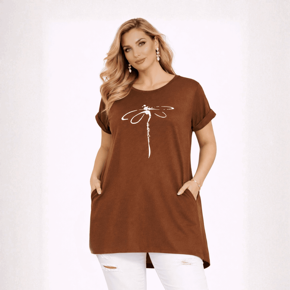 Dragonfly Long Dipped Hem T-Shirt with Pockets - FullFab