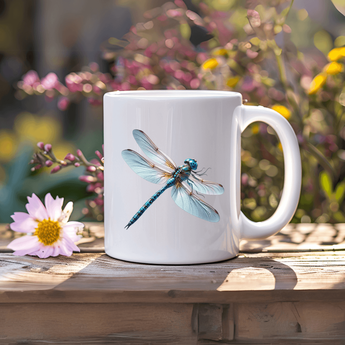 Dragonfly mug featuring a detailed blue dragonfly design against a floral background.