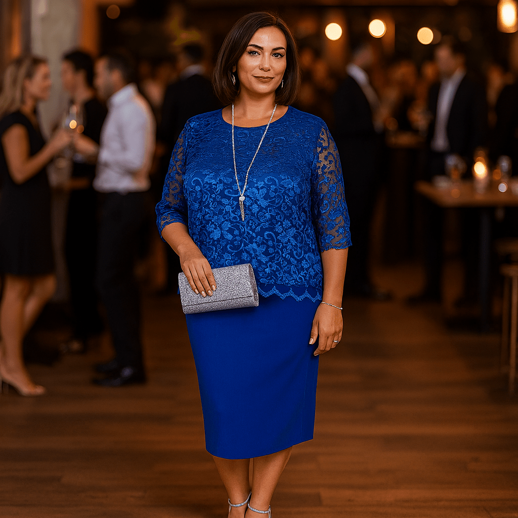 Evening Dress with Lace Overlay Top - FullFab