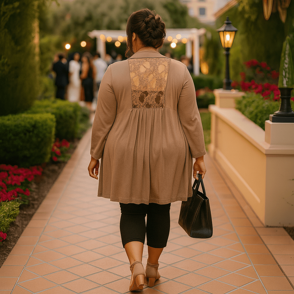 Long Length Open Front Cardigan with Lace Panel - FullFab