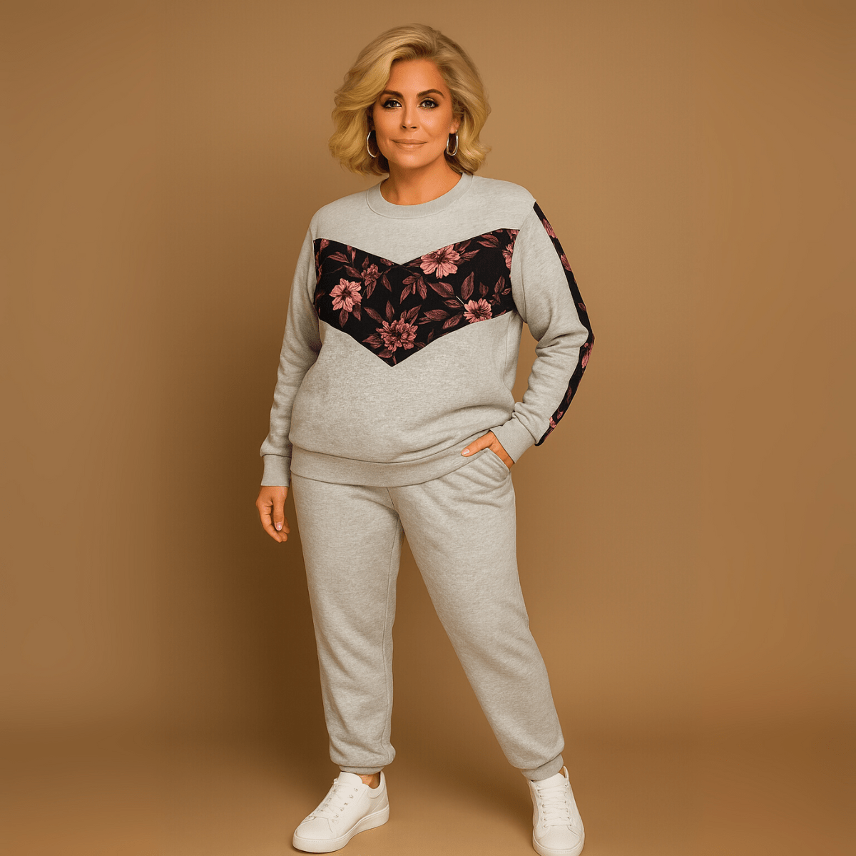 Floral Color Block Sweatshirt featuring a gray base with dark floral accents.
