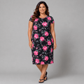 Black Pink Floral Short Sleeve Stretchy Midi Dress - FullFab