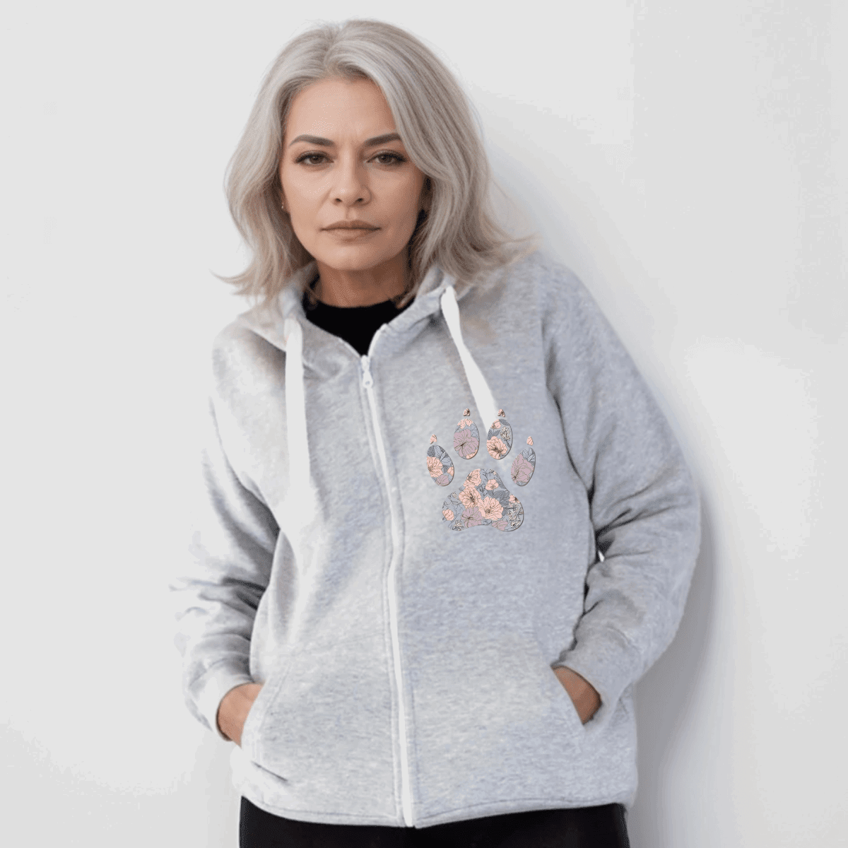 FLORAL PAW PRINT ZIP UP HOODIE - FullFab