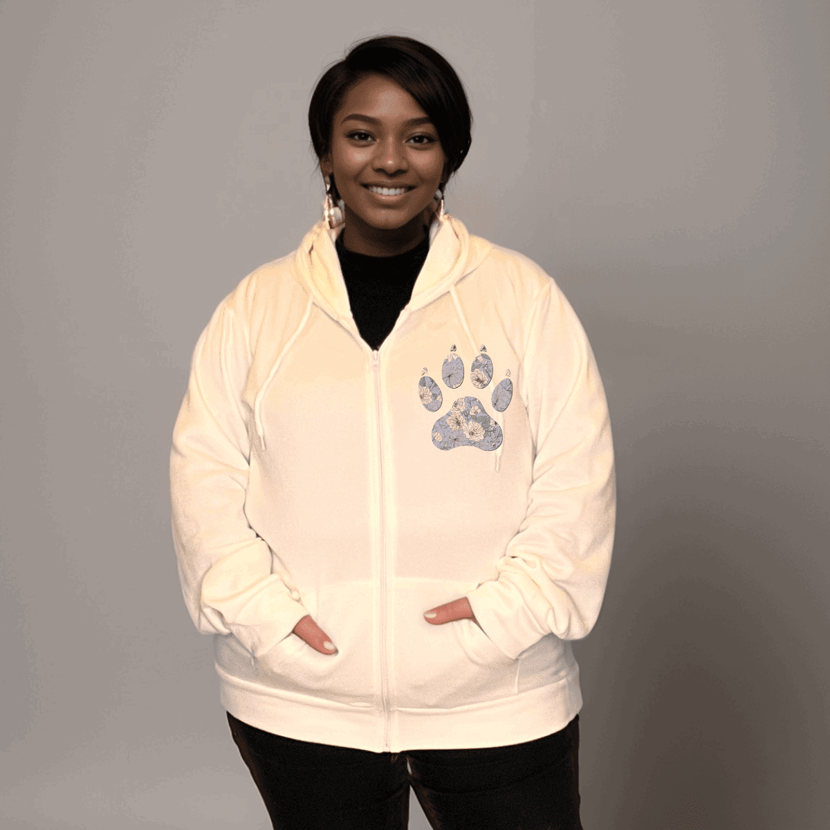 FLORAL PAW PRINT ZIP UP HOODIE - FullFab