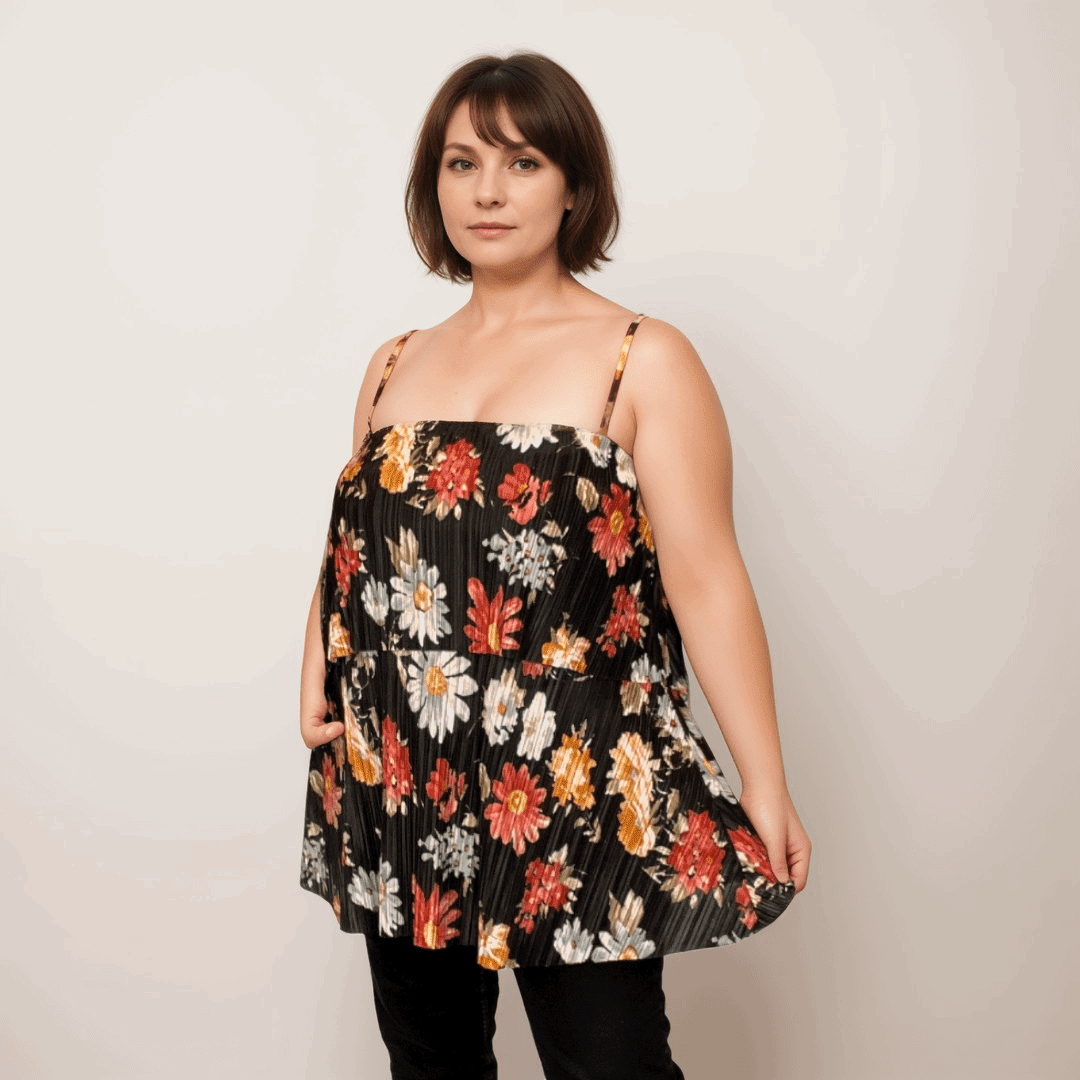 FLORAL PLEATED STRAPPY LAYERED CAMI TOP - FullFab