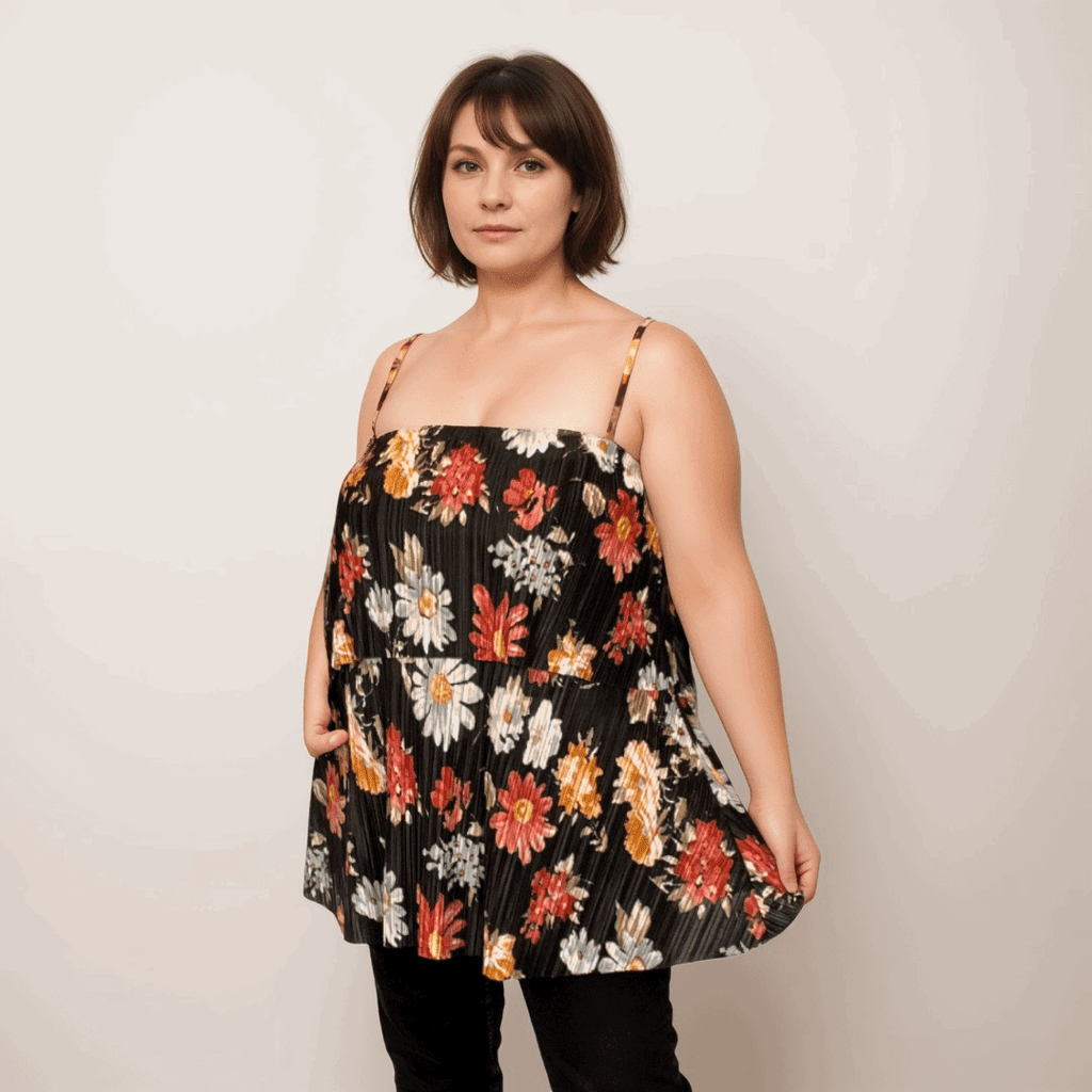 FLORAL PLEATED STRAPPY LAYERED CAMI TOP - FullFab