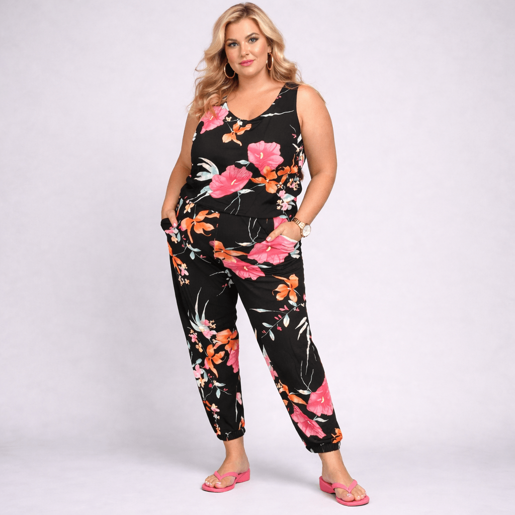 Black Tropical Sleeveless Jumpsuit with Pockets - FullFab
