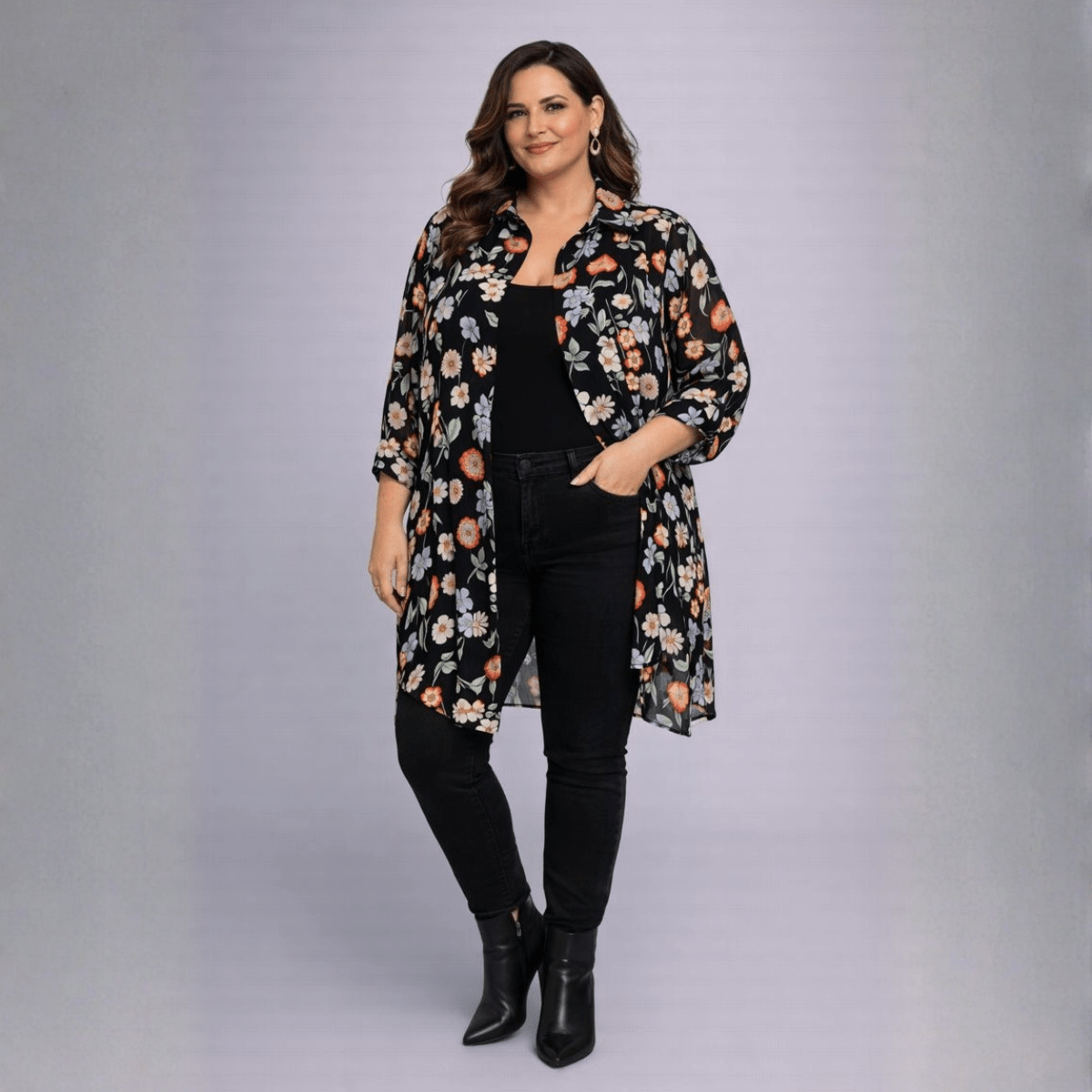 Black Blue Floral Long Shirt Blouse - FullFab
