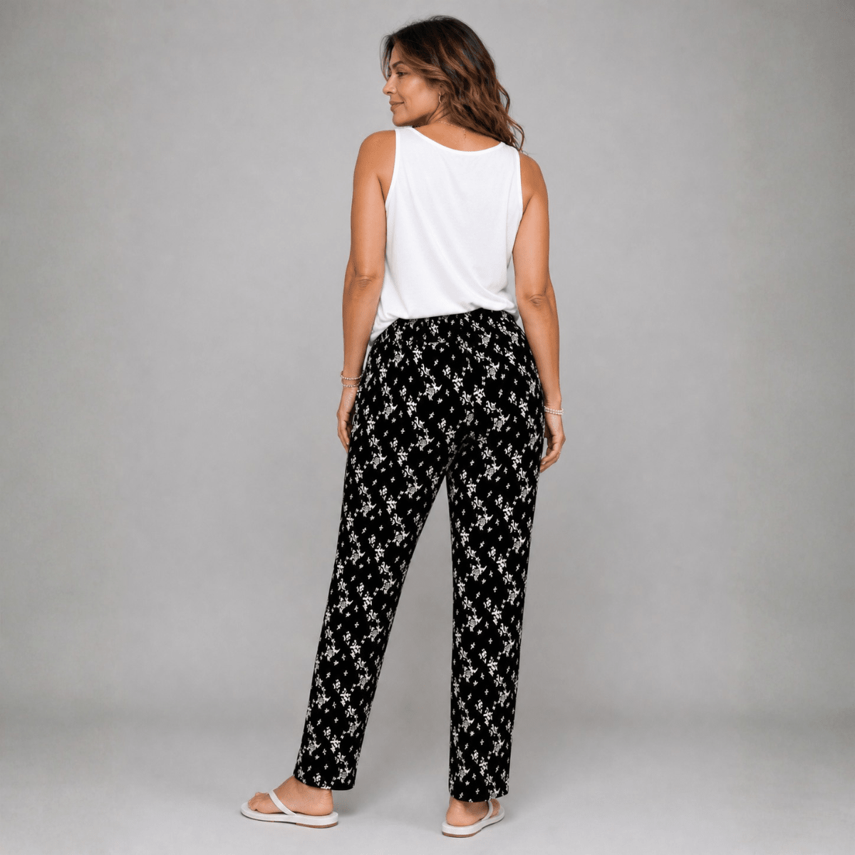 Black White Floral Elastic Waist Trousers - FullFab
