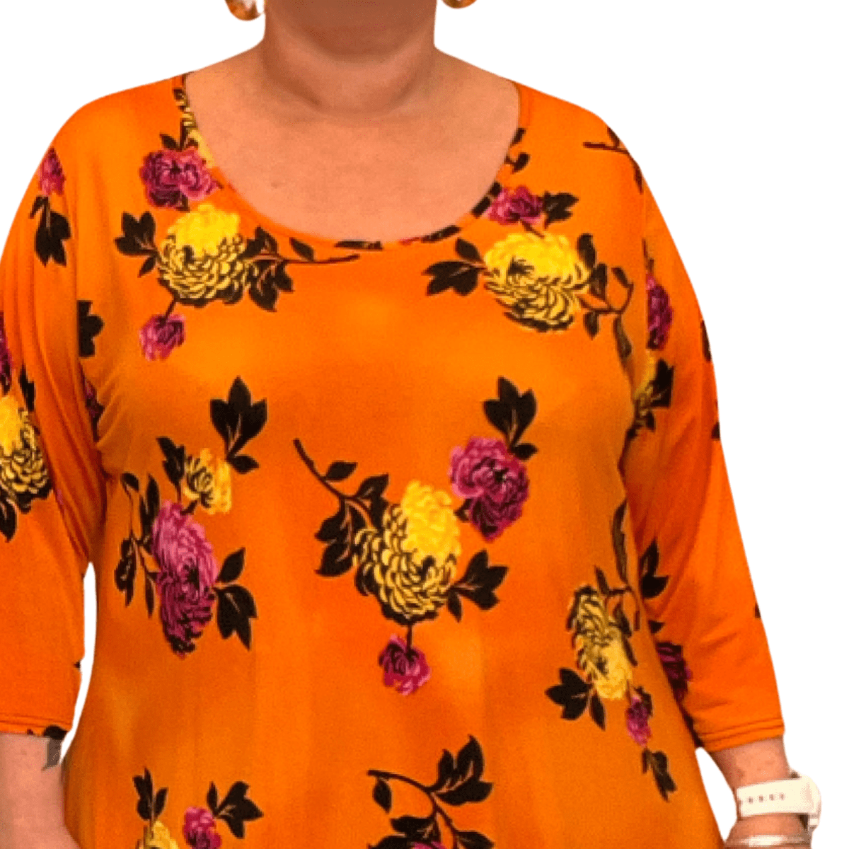 ROCKTHOSECURVES BRIGHT FLORAL PEONY 3/4 SLEEVE DIPPED HEM TOP - FullFab