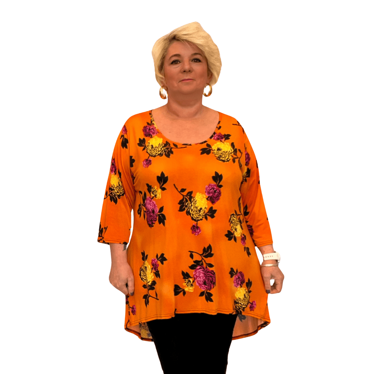 ROCKTHOSECURVES BRIGHT FLORAL PEONY 3/4 SLEEVE DIPPED HEM TOP - FullFab