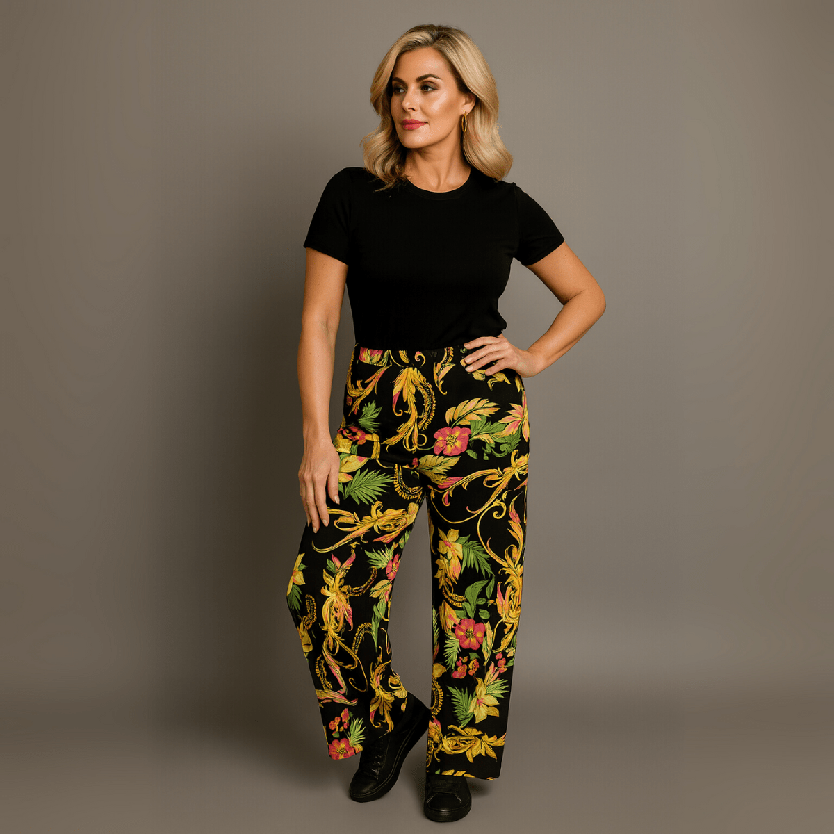 Black Yellow Tropical High Waist Palazzo Trousers - FullFab