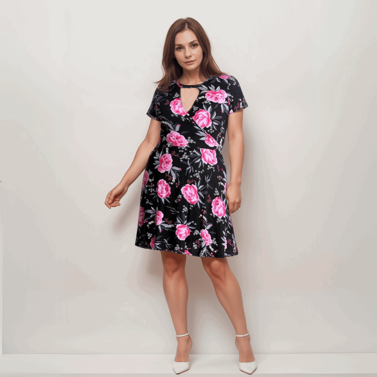 FLORAL SHORT SLEEVE MOCK WRAP SKATER DRESS - FullFab