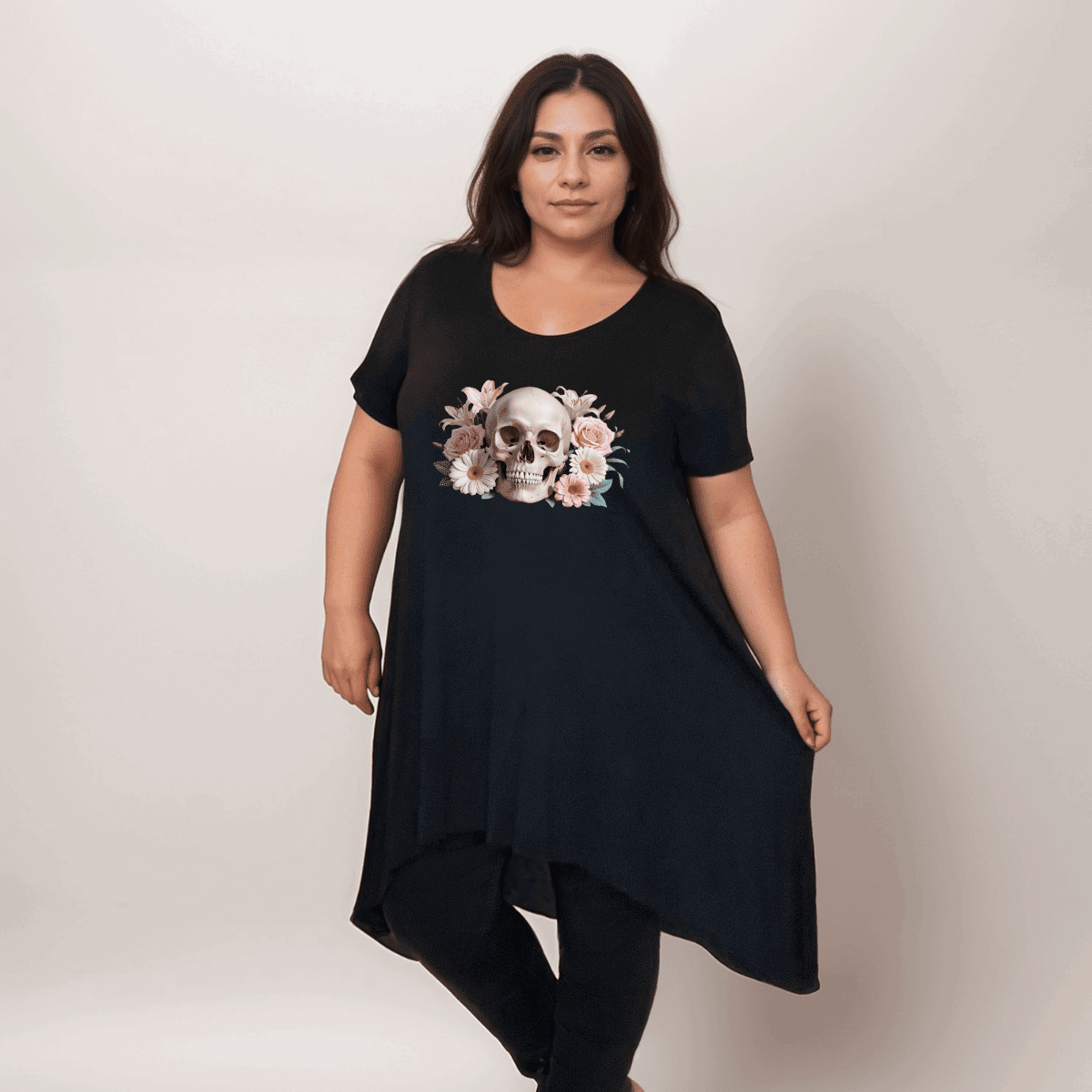 FLORAL SKULL HANKY HEM SWING TOP - FullFab