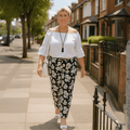 Black White Bold Floral Elastic Waist Trousers - FullFab