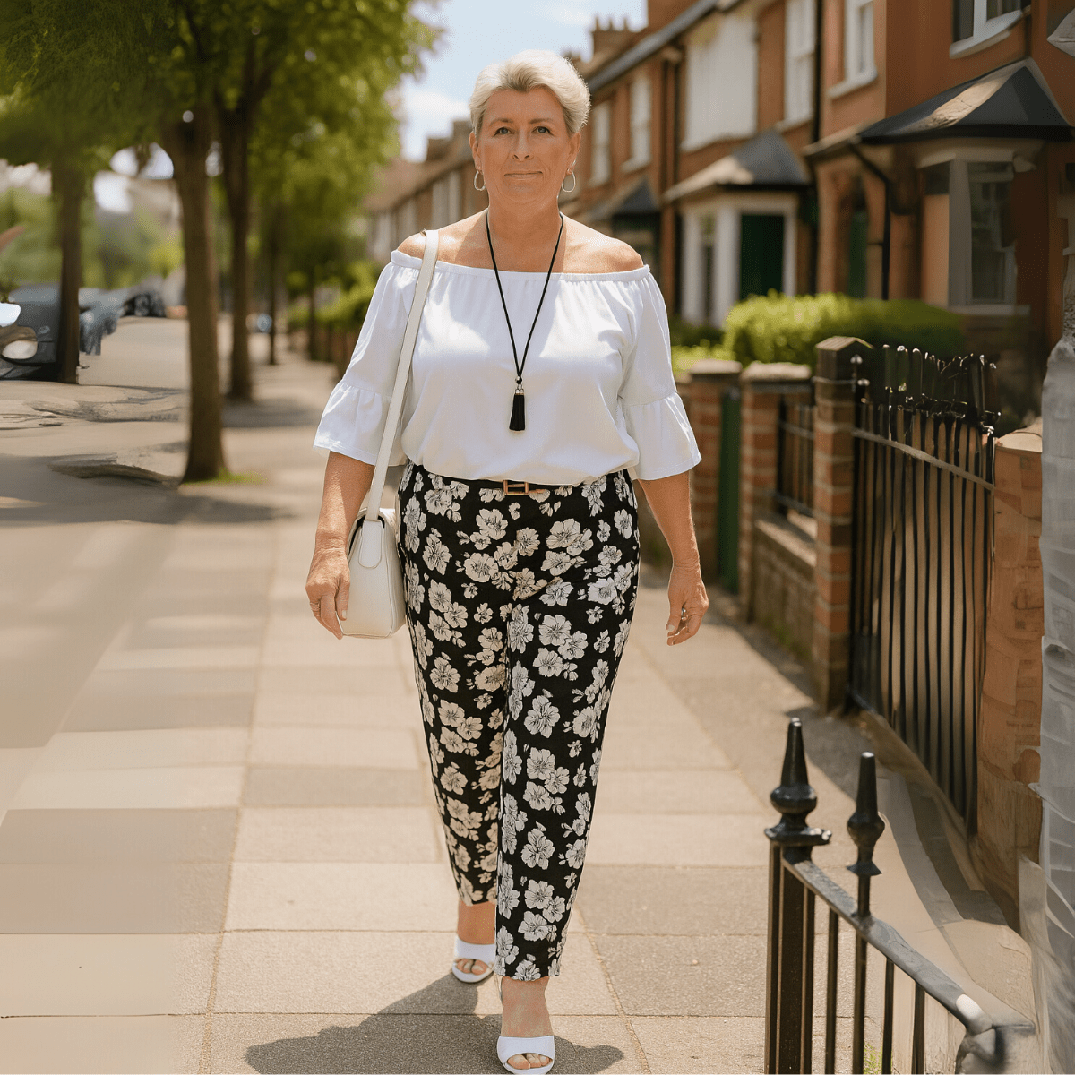 Black White Bold Floral Elastic Waist Trousers - FullFab