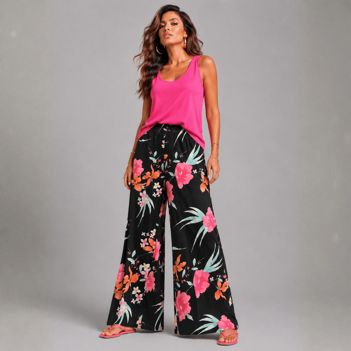 Black Multi Tropical Palazzo Trousers - FullFab