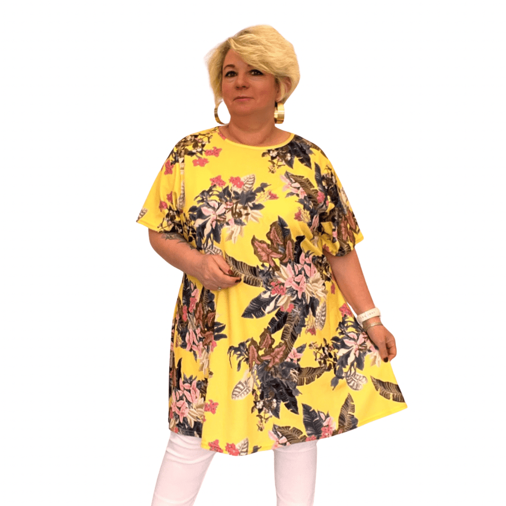 ROCKTHOSECURVES YELLOW TROPICAL SHORT SLEEVE SWING TOP - FullFab