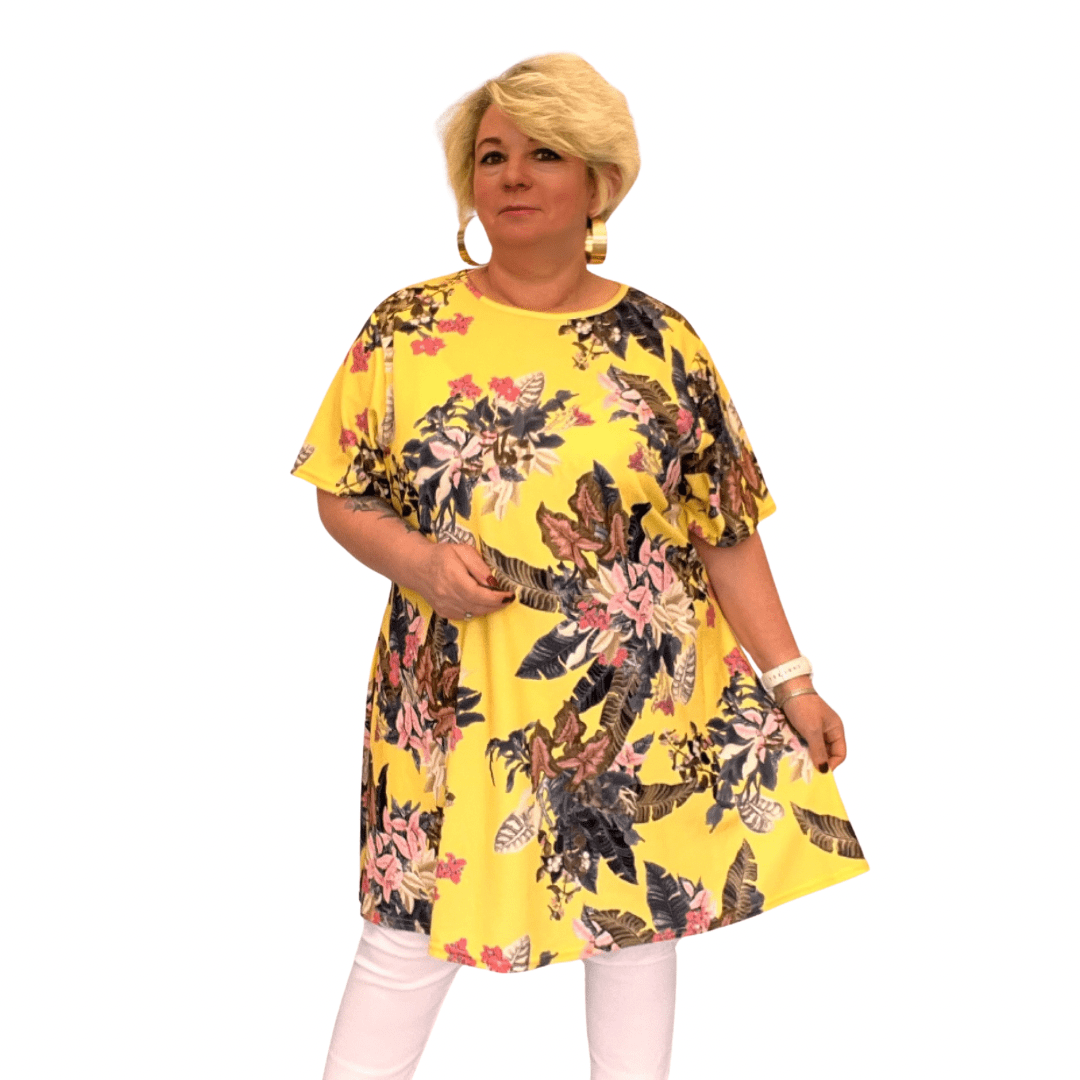 ROCKTHOSECURVES YELLOW TROPICAL SHORT SLEEVE SWING TOP - FullFab