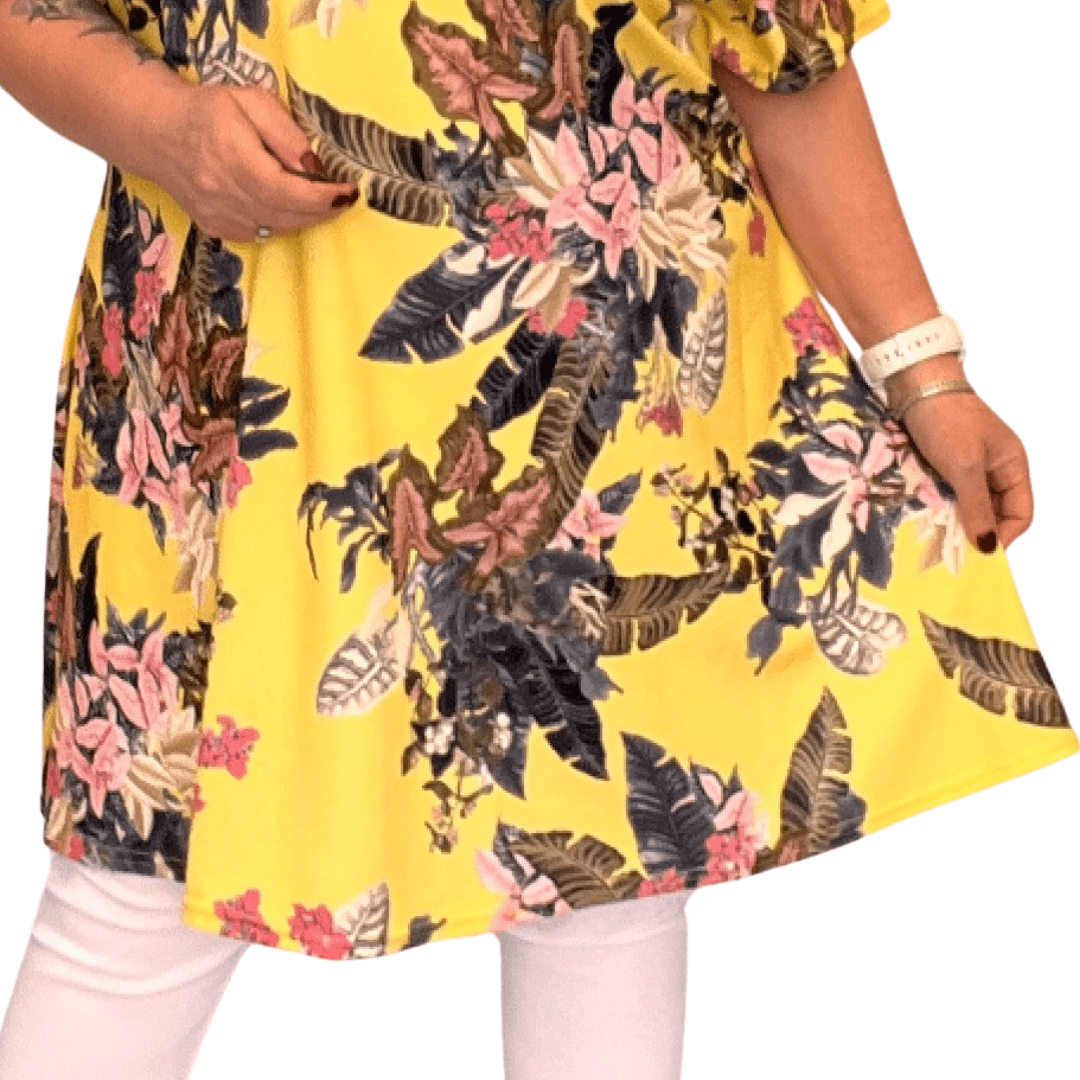 ROCKTHOSECURVES YELLOW TROPICAL SHORT SLEEVE SWING TOP - FullFab