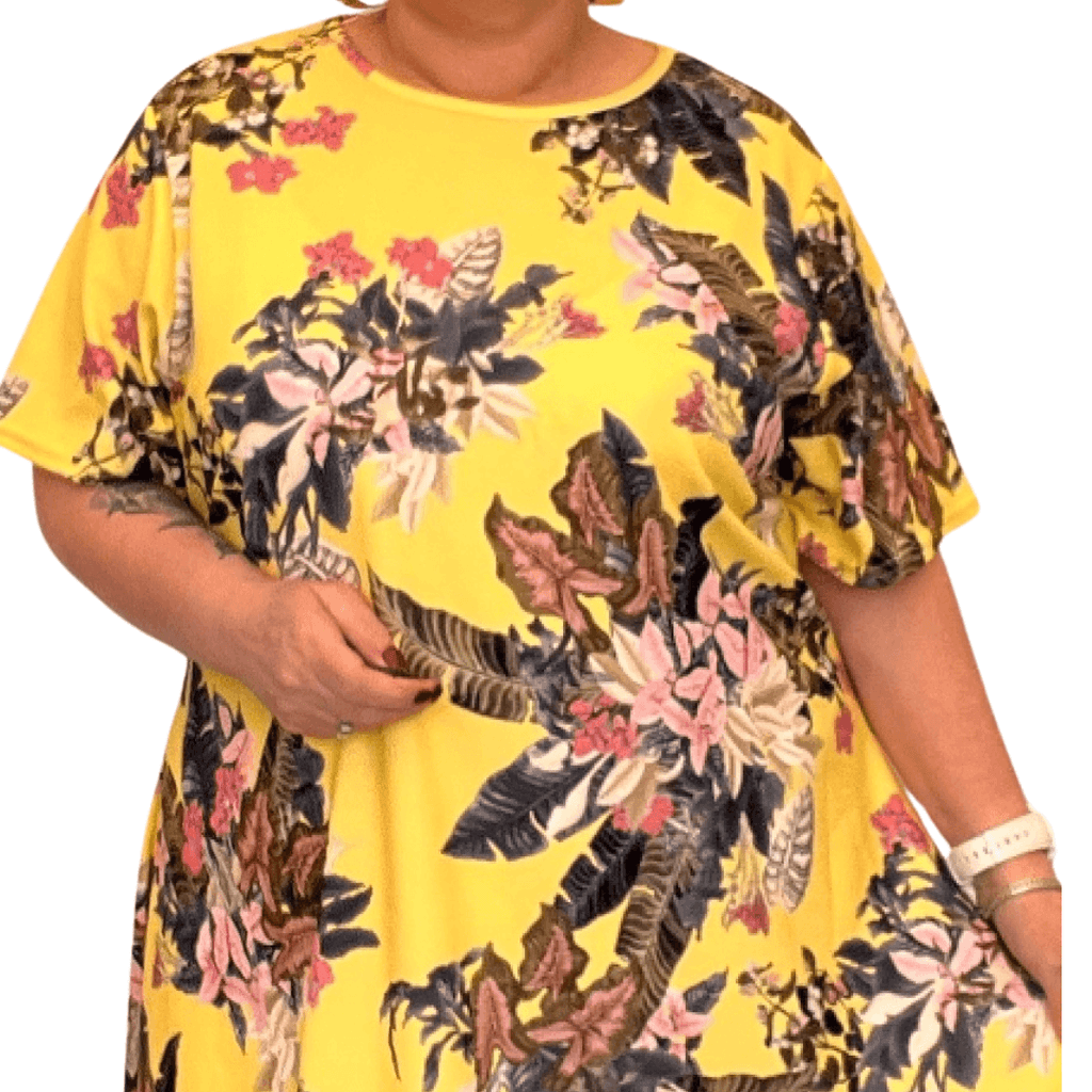ROCKTHOSECURVES YELLOW TROPICAL SHORT SLEEVE SWING TOP - FullFab