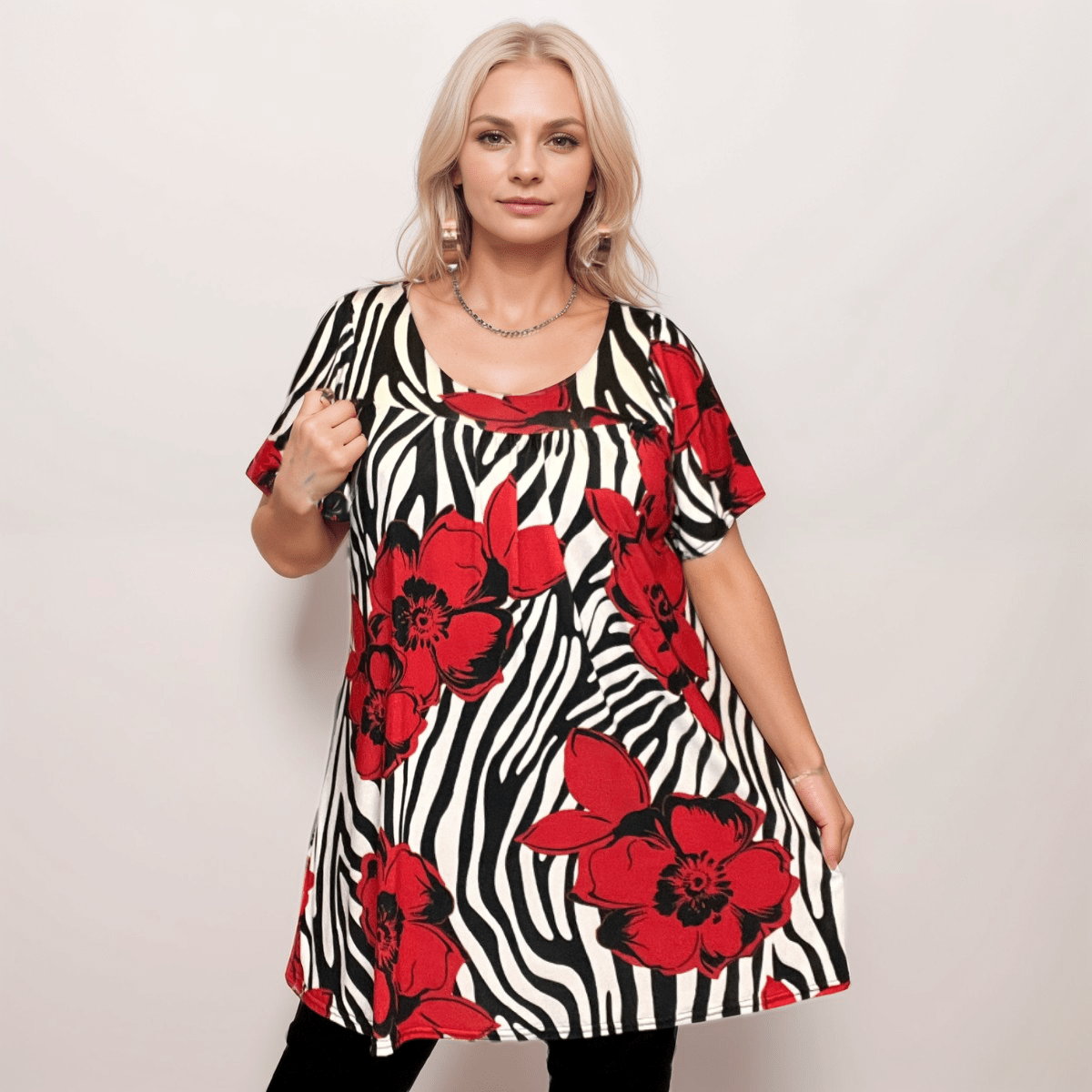 ROCKTHOSECURVES RED WHITE BLACK SWIRL SHORT SLEEVE A-LINE SMOCK TOP - FullFab